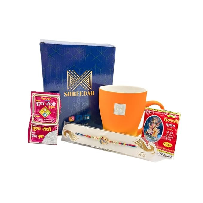 Shreedah Rakhi Combo Gift Hamper with Coffee Mug, Roli, Rice